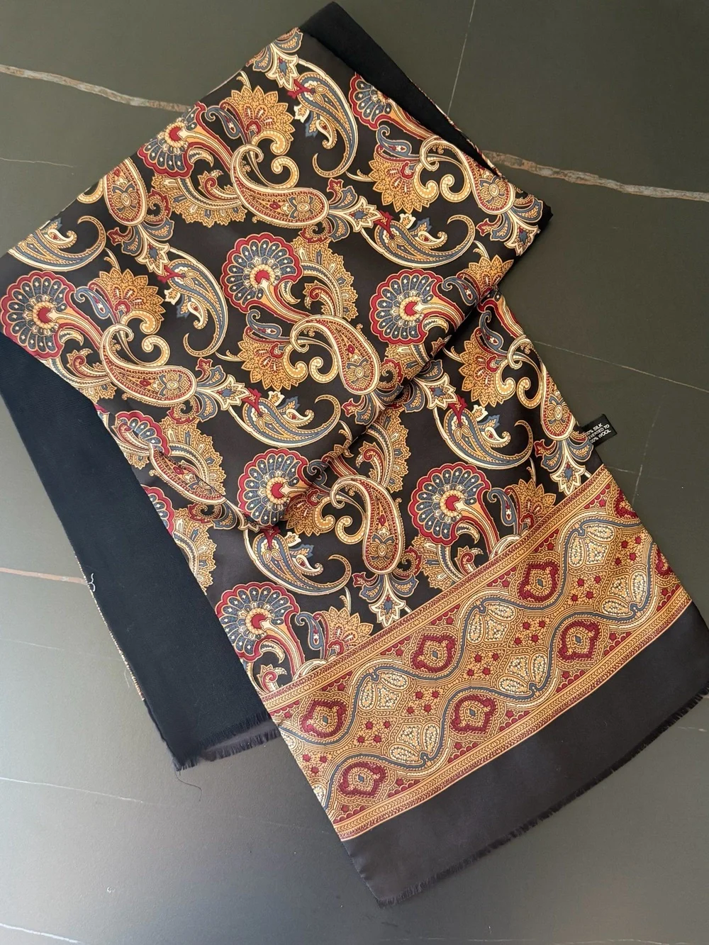 Black Paisley Silk-Feel Scarf with Gold & Red Accents